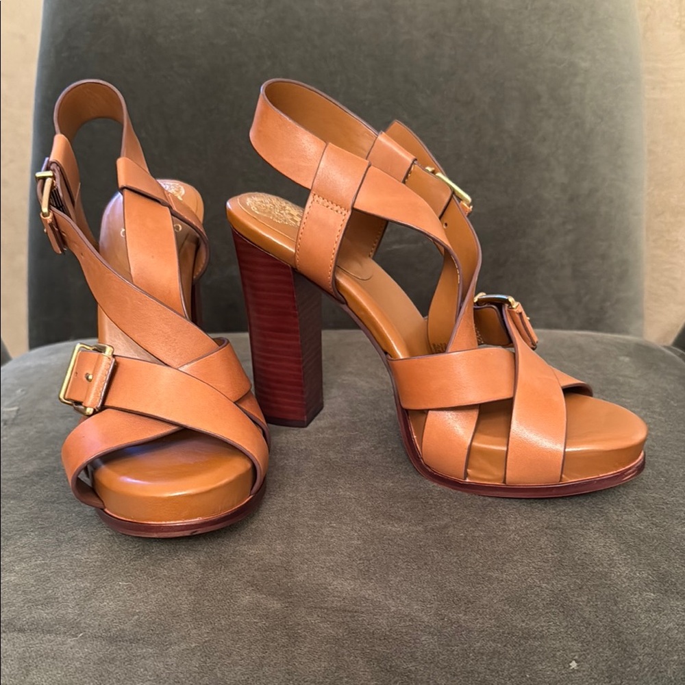 Vince Camuto Tan Strappy Heels with Chunky Design